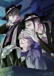  3boys azul_ashengrotto blue_eyes brothers coat coat_on_shoulders floyd_leech glasses gloves green_hair grey_coat hand_on_another's_head highres indoors jade_leech kiosque looking_to_the_side male_focus mole mole_under_mouth multiple_boys octavinelle_dorm octavinelle_dorm_uniform own_hands_clasped own_hands_together purple_hair sharp_teeth short_hair siblings sitting table teeth twins twisted_wonderland white_gloves yellow_eyes 