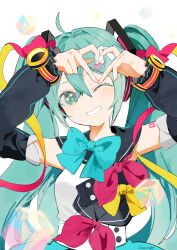  1girl absurdres aqua_eyes aqua_hair commentary_request detached_sleeves four-finger_heart_hands hatsune_miku heart heart_hands highres light_blush long_hair magical_mirai_miku magical_mirai_miku_(2018) omutatsu one_eye_closed shirt smile solo twintails twitter_username upper_body vocaloid white_shirt 