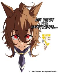  1girl absurdres agnes_tachyon_(tach-nology)_(umamusume) agnes_tachyon_(umamusume) ahoge animal_ears blue_necktie brown_hair closed_mouth commentary crazy_smile deezmond english_commentary english_text gameplay_mechanics hair_between_eyes head_only highres horse_ears horse_girl looking_at_viewer necktie pixiv_username red_eyes short_hair simple_background smile solo twitter_username umamusume white_background 
