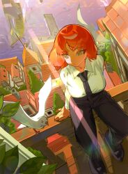 1girl bird black_necktie black_pants black_shoes bow breasts collared_shirt commentary freckles full_body green_eyes hair_bow highres ishmael_(project_moon) large_breasts limbus_company long_hair necktie ocean orange_hair pants pigeon project_moon shirt shoes sitting solo yongsadragon 