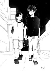  1boy 1girl ahoge artist_name bag black_shirt commentary_request crocs futsuu_no_keion-bu hatono_chihiro hetero highres holding holding_bag holding_hands ikihaji light_blush medium_hair mizuo_haruichi monochrome night outdoors sandals shirt short_hair slides star_(sky) white_shirt 