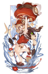  1girl :3 :d arms_up artist_name backpack bag blonde_hair bloomers blue_background blush brown_bag brown_shoes child commentary crocs dodoco_(genshin_impact) dress dress_over_shirt english_commentary floating genshin_impact girutea highres holding jumpy_dumpty klee_(genshin_impact) looking_at_viewer medium_hair messy_hair multicolored_shoes open_mouth red_dress red_shoes shirt shoes short_sleeves skindentation sleeveless sleeveless_dress smile solo sparkle splashing thigh_strap two-tone_shoes watermark white_bloomers white_shirt yellow_eyes 