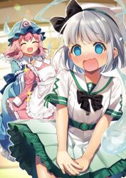  2girls :d @_@ ^_^ alternate_costume belt black_bow black_bowtie blue_eyes blue_hat blue_kimono blush bow bowtie closed_eyes collared_dress commentary_request dress embarrassed frilled_dress frilled_kimono frills gradient_clothes gradient_dress green_belt green_dress grey_hair hat hitodama holding holding_unworn_clothes holding_unworn_dress japanese_clothes kapuchii kimono konpaku_youmu konpaku_youmu_(ghost) medium_hair mob_cap multiple_girls open_mouth pink_hair saigyouji_yuyuko short_sleeves sleeve_garter smile sparkle sweat touhou triangular_headpiece unworn_dress white_dress 