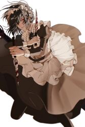  1girl absurdres apron black_dress black_hair blood blood_on_knife circle_skirt commentary_request dress dual_wielding frilled_apron frills gotanonobus highres holding holding_knife holding_weapon juliet_sleeves knife korean_commentary limbus_company long_sleeves looking_at_viewer maid maid_apron maid_headdress pantyhose parted_lips project_moon puffy_sleeves red_eyes reverse_grip ryoshu_(project_moon) scabbard sheath short_hair simple_background solo straddling strap sword weapon white_apron white_background wuthering_heights_(identity)_(project_moon) 