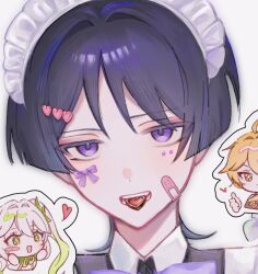  +_+ 1girl 2boys aether_(genshin_impact) ahoge alternate_costume bandaid bandaid_on_face black_dress black_hair blonde_hair blunt_ends blush_stickers bow bright_pupils candy chocolate choppy_bangs circle_hands commentary_request contrast_collar cropped cross-shaped_pupils crossdressing crossdressing_(mtf) dress enmaided eyelashes eyeliner food genshin_impact gold_trim green_eyes green_hair hair_between_eyes hair_intakes hair_ornament heart heart-shaped_chocolate heart-shaped_food heart_hair_ornament long_hair looking_at_another looking_at_viewer maid makeup male_maid multicolored_hair multiple_boys nahida_(genshin_impact) purple_bow purple_hair purple_pupils red_eyeliner s0bk8 scaramouche_(genshin_impact) side_ponytail sidelocks streaked_hair symbol-shaped_pupils teeth thumbs_up tsurime violet_eyes white_background white_dress white_hair white_pupils 
