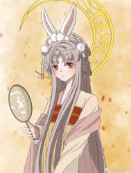 animal_ears anime_coloring bow-shaped_hair brown_eyes brown_hair circlet closed_mouth crescent crescent_hair_ornament crescent_halo dot_nose double_bun eyelashes eyes_visible_through_hair falling_petals hair_bun hair_ornament halo halo_behind_head hand_fan highres holding holding_fan ji'an_yaoyao light_blush light_smile long_hair long_sidelocks long_sleeves nikki_(series) orange_shawl parted_bangs petals pom_pom_(clothes) pom_pom_hair_ornament rabbit rabbit_ears rabbit_girl shawl shining_nikki sidelocks sleeves_past_wrists straight_hair stylist_(nikki) tuanshan very_long_hair watermark weibo_watermark yellow_background yellow_halo yellow_hanfu 