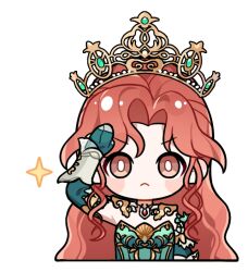  1girl :< arm_warmers armlet artist_request bare_shoulders beads blush_stickers bright_pupils brown_eyes closed_mouth cropped_torso crown determined elbow_gloves evergreen_vow_(infinity_nikki) frown gem gloves gold_armlet gold_crown green_gloves green_shirt hand_on_own_head infinity_nikki jewelry long_hair looking_at_viewer necklace nikki_(series) non-web_source official_art parted_bangs red_gem red_hair salute shirt shoulder_pads sidelocks solo sparkle sticker_(medium) straight-on strapless strapless_shirt tareme transparent_background v-shaped_eyebrows very_long_hair wavy_hair white_arm_warmers white_pupils 