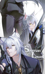  1boy animal_ear_fluff animal_ears baton_(weapon) black_gloves black_jacket black_pants cat_boy cat_ears cat_tail character_name closed_mouth commentary_request crossed_bangs gloves grey_background grey_shirt hair_between_eyes highres holding holding_baton_(weapon) holding_weapon jacket kid_o_kido long_hair male_focus multiple_views necktie pants police police_uniform policeman severian_lowell shirt tail weapon white_hair yellow_necktie zenless_zone_zero 