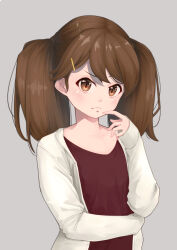  1girl absurdres alternate_costume blush brown_eyes brown_hair casual collarbone commentary_request double-parted_bangs flat_chest frown grey_background hair_between_eyes hair_ornament hairpin highres jacket kantai_collection long_hair long_sleeves looking_at_viewer neko_no_hige open_clothes open_jacket red_shirt ryuujou_(kancolle) shirt simple_background solo twintails upper_body white_jacket 