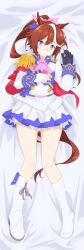  1girl animal_ears asagi501 ascot asymmetrical_gloves black_gloves blue_eyes blue_shirt blue_skirt boots breasts brown_hair buttons capelet closed_mouth collared_shirt commentary_request dakimakura_(medium) double-breasted double-parted_bangs epaulettes frilled_skirt frills full_body gloves hair_between_eyes hair_ribbon hands_up high_collar horse_ears horse_girl horse_tail knee_boots kneehighs long_sleeves lying messy_hair miniskirt mismatched_gloves multicolored_hair on_back pink_ascot pink_ribbon pleated_skirt ponytail red_capelet ribbon shirt single_boot single_epaulette skirt small_breasts smile socks solo split_mouth streaked_hair tail tokai_teio_(peak_joy)_(umamusume) tokai_teio_(umamusume) two-tone_hair two-tone_shirt two-tone_skirt umamusume white_background white_boots white_gloves white_hair white_shirt white_skirt white_socks wing_collar 