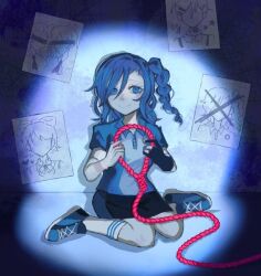  1girl arei_nageishi badge ball black_gloves black_shorts blue_eyes blue_hair blue_shirt blue_shoes bowling_ball braid braided_ponytail button_badge collared_shirt commentary danganronpa:_despair_time empty_eyes english_commentary gloves hair_between_eyes holding holding_rope long_hair looking_at_viewer noose partially_fingerless_gloves polo_shirt poster_(object) red_rope rope shirt shoes short_sleeves shorts side_ponytail sidelocks single_glove sitting smile sneakers socks solo spotlight striped_clothes striped_socks tynney wariza white_socks 