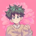  1boy alternate_costume boku_no_hero_academia brown_shirt closed_mouth collared_shirt commentary_request flower freckles green_eyes green_hair highres korean_commentary long_sleeves looking_at_viewer male_focus midoriya_izuku nimon pink_background pink_flower shirt short_hair sleeves_past_wrists solo upper_body 