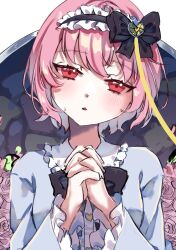  1girl black_bow black_bowtie black_hairband blue_shirt blush bow bowtie buttons commentary flower frilled_hairband frilled_sleeves frills hair_bow hair_ornament hairband heart heart_button heart_hair_ornament highres interlocked_fingers komeiji_satori korotrishia long_sleeves looking_at_viewer own_hands_together pink_eyes pink_flower pink_hair pink_rose rose shirt short_hair solo touhou wide_sleeves 