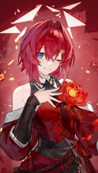  1girl ange_katrina bare_shoulders black_sleeves blue_eyes blush chain chain_belt chain_necklace cine_(wazd0183) closed_mouth commentary crossed_bangs detached_sleeves embers flower hair_between_eyes hair_intakes hair_ornament hand_on_own_chest hand_up highres jewelry layered_sleeves looking_at_viewer medium_hair necklace nijisanji official_alternate_costume one_eye_closed red_background red_flower red_hair red_shirt red_sleeves red_theme shirt sleeveless sleeveless_shirt sleeves_past_wrists smile solo triangle_hair_ornament untranslatable_commentary upper_body virtual_youtuber 