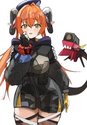 1girl 1other :o asymmetrical_gloves axzf8485 black_hat black_horns blush breasts commentary_request curled_horns curvy dragon_girl dragon_horns dress fingerless_gloves gloves green_eyes hair_between_eyes hand_on_own_face hat highres horns large_breasts long_hair magus_(zenless_zone_zero) mechanical_horns mechanical_tail mismatched_gloves open_mouth orange_hair orange_pupils orphie_magnusson pointy_ears simple_background single_fingerless_glove tail thigh-highs twintails upper_body white_background yellow_gloves zenless_zone_zero zipper_dress 