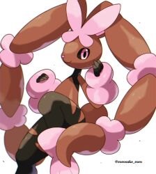  1other alternate_color animal_ears black_fur black_sclera brown_fur closed_mouth colored_sclera commentary_request highres looking_at_viewer lopunny mega_lopunny mega_pokemon multicolored_fur no_humans pink_eyes pink_fur pokemon pokemon_(creature) pokemon_focus rabbit_ears rabbit_tail rorosuke shiny_pokemon simple_background solo tail twitter_username white_background 
