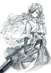 1girl angel_wings black_dress closed_mouth crop_top dizzy_(guilty_gear) dress fingerless_gloves floating_hair flower gloves guilty_gear guilty_gear_strive hair_flower hair_ornament highres long_hair looking_to_the_side nt50 pencil queen_dizzy simple_background solo swept_bangs traditional_media wind wind_lift wings 