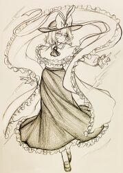  1girl absurdres ascot bow capelet commentary_request frilled_capelet frilled_shawl frilled_skirt frills full_body greyscale hagoromo hat hat_bow highres loafers long_skirt long_sleeves medium_hair monochrome nagae_iku shawl shoes skirt solo touhou traditional_media wu_yu_wanwan 