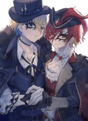  2boys ascot black_bow black_bowtie black_choker black_coat black_gloves blonde_hair blue_eyes blue_gem blue_hair blue_vest bow bowtie brooch capelet choker coat coat_on_shoulders collared_shirt commentary eye_mask feathers frilled_ascot frilled_shirt_collar frilled_sleeves frills fur-trimmed_coat fur_trim gem gloves half_eye_mask half_mask hanasaki_miyabi hanasaki_miyabi_(9th_costume) hat hat_feather highres holding_hands holostars jewelry kishido_temma kishido_temma_(8th_costume) long_sleeves male_focus mask multicolored_hair multiple_boys official_alternate_costume pierced_hat red_feathers red_gem red_hair red_vest shirt short_hair three-quarter_sleeves top_hat tricorne untranslatable_commentary upper_body vest white_ascot white_background white_gloves white_shirt yellow_eyes yu_gumo7 