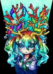  aqua_background black_background blue_eyes bubble colorful commentary_request coral fish from_above green_neckerchief looking_up multicolored_hair neckerchief rainbow_hair school_uniform senmu_(0107) twintails underwater upper_body v-shaped_eyebrows 