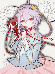  1girl black_hairband blue_shirt buttons collared_shirt commentary_request disembodied_linked_eye eyeball frilled_sleeves frills hair_between_eyes hair_ornament hairband heart heart_button heart_hair_ornament highres komeiji_satori long_sleeves looking_at_viewer pink_eyes pink_hair pink_skirt ribbon-trimmed_collar ribbon_trim shirt short_hair skirt solo touhou wide_sleeves yatsushiki_shigi 