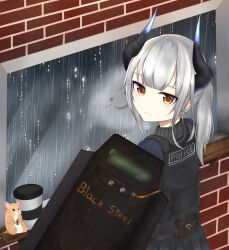  1girl absurdres animal arknights black_shirt brick brick_wall brown_eyes bulletproof_vest closed_mouth commentary condensation cup dragon_girl dragon_horns from_behind fronut_(mylittlebear) grey_hair hamster highres holding holding_shield horns liskarm_(arknights) long_hair looking_at_viewer looking_back missing_tail mouse_(animal) police police_uniform ponytail pouch rain shield shirt solo water_drop window 