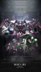  absurdres amputee beam_rifle character_name claws commentary commission damaged energy_gun flying geara_zulu glowing glowing_eye gun gundam gundam_unicorn hangar highres holding holding_gun holding_weapon incom_(gundam) kadej mecha mecha_focus mobile_armor mobile_suit neo_zeon no_humans one-eyed_mecha original pixiv_commission red_eyes redesign rezel robot rozen_zulu science_fiction smoke space sparks violet_eyes weapon 