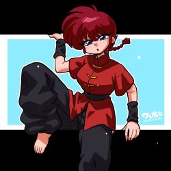  1girl :o artist_name barefoot belt black_belt black_border black_pants blue_background blue_eyes border braid braided_ponytail breasts chinese_clothes climbing commentary eyeshadow foot_out_of_frame fourth_wall genderswap genderswap_(mtf) hand_up head_tilt knee_up large_breasts light_particles long_hair looking_at_viewer makeup mandarin_collar open_mouth outline pankou pants purple_eyeshadow ranma_1/2 red_hair red_shirt saotome_ranma saotome_ranma_(female) shirt short_sleeves signature single_braid solo tangzhuang toes translated twitter_username wanta_(futoshi) white_outline wristband 