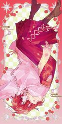  1boy absurdres androgynous blush boots border brown_boots checkered_background commentary cross-laced_clothes floral_print flower flower_trim full_body gradient_border green_background hair_between_eyes hair_ornament hakama hanasaki_miyabi hanasaki_miyabi_(4th_costume) highres holostars japanese_clothes kimono lace-up_boots looking_at_viewer looking_to_the_side male_focus medium_hair mizamimiz official_alternate_costume pink_border pink_kimono red_border red_flower red_hair red_hakama ribbon ribbon-trimmed_sleeves ribbon_border ribbon_trim scarf solo untranslatable_commentary upside-down virtual_youtuber white_ribbon yellow_eyes yellow_scarf 