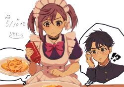  !? 1boy 1girl apron ayase_momo black_choker black_dress black_hair blush bottle bow bowtie breasts brown_eyes brown_hair choker commentary_request crossed_bangs dandadan dated dress food food_writing gakuran glasses hair_between_eyes holding holding_bottle ketchup_bottle maid maid_apron maid_day maid_headdress medium_breasts nandemo_unknown official_alternate_costume official_alternate_hairstyle pink_bow pink_bowtie plate puffy_short_sleeves puffy_sleeves round_eyewear school_uniform short_hair short_sleeves simple_background single_sidelock sweatdrop takakura_ken_(dandadan) twintails upper_body white_background 