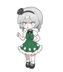  1girl black_bow black_bowtie black_hairband black_shoes blue_eyes blush bow bowtie braid chibi chibi_only collared_shirt commentary_request frilled_skirt frills full_body green_skirt green_vest grey_hair hairband hand_on_own_hip highres hitodama_print konpaku_youmu large_variant_set looking_at_viewer mary_janes mokou_cooking open_mouth pleated_skirt shirt shoes simple_background skirt skirt_set socks solo surprised sweat touhou twin_braids variant_set vest white_background white_shirt white_socks 