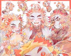  1boy blonde_hair cape commentary_request demon_slayer_uniform food hat highres kimetsu_no_yaiba long_hair ofuda ofuda_on_head onigiri red_eyes red_hair rengoku_kyoujurou white_cape yarakuru yellow_eyes 