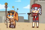  2girls :&gt; aiming blonde_hair blue_eyes blue_hair blue_shorts blush casual chibi clouds day eyewear_on_head firing girls_frontline gun handgun hat holding holding_gun holding_weapon house jacket kalina_(girls&#039;_frontline) lcron mp-446_(boisterous_rouge)_(girls&#039;_frontline) mp-446_(girls&#039;_frontline) multiple_girls open_clothes open_jacket open_mouth outdoors personification pink_ribbon pleated_skirt ribbon short_hair shorts skirt sky smile squatting standing star_(symbol) thigh-highs thighs twitter_username weapon 