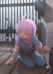  2girls ahoge blue_archive blue_pants blue_shirt closed_eyes commentary_request halo highres hudeako kaya_(blue_archive) kaya_(prison)_(blue_archive) layered_sleeves long_hair long_sleeves multiple_girls official_alternate_costume pants pink_hair prison_clothes shirt short_over_long_sleeves short_sleeves yellow_halo 