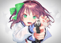  1girl :d ahoge aiming aiming_at_viewer angel_beats! blue_sailor_collar blurry blurry_foreground bow commentary_request depth_of_field eyelashes fangs fighting_stance fingernails floating_hair glint green_bow green_eyes grey_background gun hair_between_eyes hair_bow hairband handgun hands_up highres holding holding_gun holding_weapon long_sleeves looking_at_viewer medium_hair nakamura_yuri open_mouth purple_hair purple_hairband sailor_collar sailor_shirt shinda_sekai_sensen_uniform shirt simple_background smile solo straight-on suiyama_akira teeth tongue upper_body upper_teeth_only v-shaped_eyebrows weapon white_shirt 
