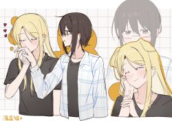  2girls animal_ears black_shirt blonde_hair brown_hair character_request chinese_commentary closed_mouth collarbone commentary_request copyright_request dog_ears dog_girl dog_tail glasses haidao_mao hair_between_eyes hand_on_another's_cheek hand_on_another's_face highres holding_hands jacket kemonomimi_mode long_hair long_hair_between_eyes multiple_girls open_mouth shirt tail upper_body white_jacket yuri 