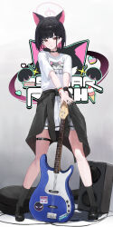  1girl absurdres animal_ears bass_guitar black_hair blue_archive cat_ears chinese_commentary clothes_around_waist colored_inner_animal_ears colored_inner_hair commentary_request extra_ears full_body halo highres holding holding_bass_guitar holding_instrument instrument jacket jacket_around_waist jianjia kazusa_(band)_(blue_archive) kazusa_(blue_archive) multicolored_hair official_alternate_costume pink_hair pink_halo print_shirt red_eyes shirt short_hair skirt standing two-tone_hair white_shirt white_skirt 