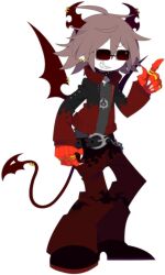  1boy bat_wings belt black_horns black_jacket black_pants black_shoes buckle chain choker demon_boy demon_horns demon_tail earrings emalf_(funamusea) flame_print full_body funamusea funamusea_(artist) grey_shirt grin haiiro_teien horn_piercing horns jacket jewelry looking_at_viewer messy_hair multicolored_jacket multiple_rings necklace official_art open_clothes open_jacket pants pendant piercing pointy_ears red_jacket red_pants ring sharp_teeth shirt shoes short_hair simple_background smile solo spiked_choker spikes sunglasses t-shirt tail teeth tinted_eyewear two-tone_jacket white_background wing_piercing wings 