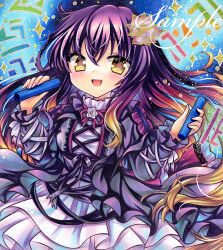 1girl black_dress blonde_hair blush breasts commentary_request cross-laced_clothes cross-laced_dress dress frilled_dress frills gradient_hair hijiri_byakuren large_breasts layered_dress long_hair long_sleeves looking_at_viewer marker_(medium) multicolored_hair open_mouth purple_hair rui_(sugar3) sample_watermark smile solo sorcerer's_sutra_scroll touhou traditional_media very_long_hair watermark white_dress yellow_eyes 
