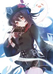  1girl bead_bracelet beads black_hat black_shorts boo_tao_(genshin_impact) bracelet breasts brown_hair brown_shirt chinese_clothes commentary_request cowboy_shot flower flower-shaped_pupils genshin_impact ghost hair_between_eyes hat highres holding holding_ticket hu_tao_(genshin_impact) jewelry long_hair long_sleeves looking_at_viewer multicolored_hair plum_blossoms porkpie_hat red_eyes shiinauka shirt shorts small_breasts smile symbol-shaped_pupils ticket twintails two-tone_hair wide_sleeves 