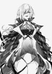  1girl a9712mob arknights ascot bangs commentary cropped_legs eyes_visible_through_hair gladiia_(arknights) gloves greyscale hair_over_one_eye high_collar highres monochrome one_eye_covered red_eyes simple_background sketch solo spot_color tongue tongue_out 