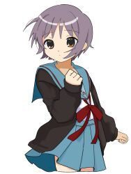  1girl blue_sailor_collar blue_skirt brown_cardigan brown_eyes cardigan closed_mouth commentary cropped_legs daihuku_oeo highres kita_high_school_uniform long_sleeves nagato_yuki open_cardigan open_clothes purple_hair red_ribbon ribbon sailor_collar school_uniform serafuku short_hair simple_background skirt solo standing suzumiya_haruhi_no_yuuutsu thighs untranslatable_commentary white_background winter_uniform 
