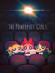  3girls absurdres artist_name black_hair black_shoes blonde_hair blossom_(ppg) blue_dress blue_eyes blunt_bangs bow bubbles_(ppg) buttercup_(ppg) child commentary_request copyright_name cup disposable_cup dress drinking_straw eating food furrowed_brow green_dress green_eyes hair_bow highres mary_janes movie_theater multiple_girls noah_(rokoroko) open_mouth orange_hair pantyhose parted_bangs pink_dress pink_eyes popcorn powerpuff_girls red_bow shoes siblings sisters sleeveless sleeveless_dress tongue tongue_out twintails twitter_username watermark white_pantyhose 