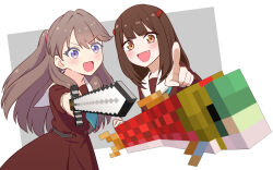  2girls :d animification border brown_hair commentary_request cowboy_shot fang fujishima_megumi grey_background highres holding holding_sword holding_weapon index_finger_raised love_live! love_live!_hasu_no_sora_jogakuin_school_idol_club minecraft minecraft_sword multiple_girls open_mouth outside_border real_life salmon_(minecraft) simple_background smile sword tera_dash tsukine_kona two_side_up v-shaped_eyebrows virtual_youtuber voice_actor voice_actor_connection weapon white_border 