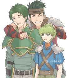  3boys arm_around_shoulder armor boyd_(fire_emblem) brothers closed_eyes commentary_request fire_emblem fire_emblem:_path_of_radiance green_armor green_eyes green_hair grin hand_on_another's_head headpat highres male_focus multiple_boys oscar_(fire_emblem) rolf_(fire_emblem) short_hair siblings smile tea6043 twitter_username 