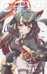  1girl absurdres animal_ear_fluff animal_ears black_gloves black_hair black_kimono black_nails blue_archive blunt_bangs blunt_ends blush bow breasts c: cherry_blossom_print closed_mouth colored_inner_hair commentary commission cowboy_shot eyelashes eyeshadow fingerless_gloves fishnet_thighhighs fishnets floating_hair floral_print floral_print_kimono fox_ears fox_girl fox_tail gloves grey_background hair_intakes halo hands_up highres japanese_clothes kimono large_breasts leaning_forward long_hair looking_at_viewer makeup multicolored_hair nail_polish print_kimono red_eyeshadow red_hair red_halo sidelocks simple_background skeb_commission smile solo tail tail_bow tail_ornament tareme thigh-highs thigh_strap thighs tomonx two-tone_hair v v_over_mouth very_long_hair wakamo_(blue_archive) watermark yellow_bow yellow_eyes 