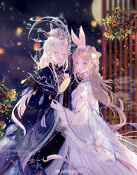  2girls absurdres animal_ears beads black_hanfu blue_capelet blue_gem blue_robe bow-shaped_hair bracer branch brown_eyes brown_hair capelet chinese_clothes chinese_commentary chinese_hairpin circlet closed_eyes closed_mouth commentary_request crescent crescent_hair_ornament crescent_halo double_bun expressionless extra_ears eyelashes eyeshadow faint_moon_dew_(shining_nikki) falling_petals feather-trimmed_capelet feet_out_of_frame flower forehead forehead_jewel frilled_sleeves frills full_moon gem hair_beads hair_bun hair_ornament hair_rings hair_stick hairpin half_updo halo halo_behind_head hand_fan hand_on_own_chest hanfu happy high_collar highres holding holding_fan lantern leaf light_blush light_particles lipstick long_hair long_sidelocks long_sleeves looking_at_viewer makeup mandarin_collar moon moonset_(shining_nikki) multiple_girls multiple_hairpins night nikki_(series) osmanthus outdoors paper_lantern parted_lips peacock_feathers petals pink_eyeshadow pink_lips pom_pom_(clothes) pom_pom_hair_ornament purple_hanfu rabbit_ears rabbit_girl rabbit_hair_ornament red_lips robe shining_nikki sidelocks single_hair_bun sky sleeves_past_wrists smile standing star_(sky) starry_sky taotao_guojiu tareme tuanshan very_long_hair watermark wavy_hair weibo_watermark white_halo wide_sleeves yellow_flower yunjian yuri 
