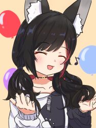  1girl absurdres alternate_hairstyle animal_ear_fluff animal_ears black_choker black_hair black_hoodie choker closed_eyes highres hololive hood hoodie low_twintails medium_hair morotade_kudou multicolored_hair musical_note official_alternate_costume ookami_mio ookami_mio_(hoodie) open_mouth red_streaks smile solo streaked_hair twintails two-tone_hoodie virtual_youtuber white_hoodie wolf_ears wolf_girl 