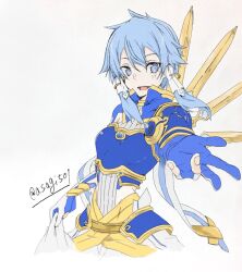  1girl :d archery_shooting_glove armor asagi501 blue_armor blue_eyes blue_gloves blue_hair blue_shrug breastplate breasts commentary_request cropped_torso gloves gold_trim hair_intakes looking_at_viewer medium_hair messy_hair open_mouth partially_fingerless_gloves pauldrons shirt shoulder_armor shrug_(clothing) single_pauldron sinon sinon_(solus) small_breasts smile solo sword_art_online sword_art_online:_alicization sword_art_online:_alicization_-_war_of_underworld textless_version white_shirt 