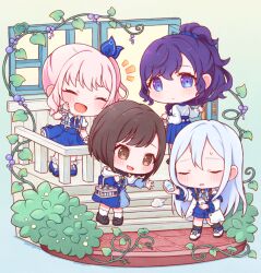  1other 25-ji_nightcord_de._(project_sekai) 3girls :d ^_^ akiyama_mizuki asahina_mafuyu black_shoes black_socks blue_hair blue_ribbon blue_scrunchie blue_shoes blue_skirt blush bottle brown_hair chibi chibi_only closed_eyes closed_mouth coat collared_shirt commentary door full_body hair_ornament hair_ribbon hair_scrunchie highres holding holding_bottle long_hair multiple_girls neck_ribbon notice_lines open_clothes open_coat open_mouth oyasumirakko pink_hair ponytail project_sekai purple_hair ribbon scrunchie shinonome_ena shirt shoes short_hair short_sleeves skirt smile socks stairs standing sweatdrop tile_floor tiles untranslatable_commentary white_coat white_shirt white_socks window yoisaki_kanade 